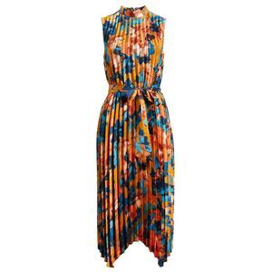 Tahari ASL Womens Sleeveless Pleated Belted Midi Dress 12 Rust Teal - NWT $159